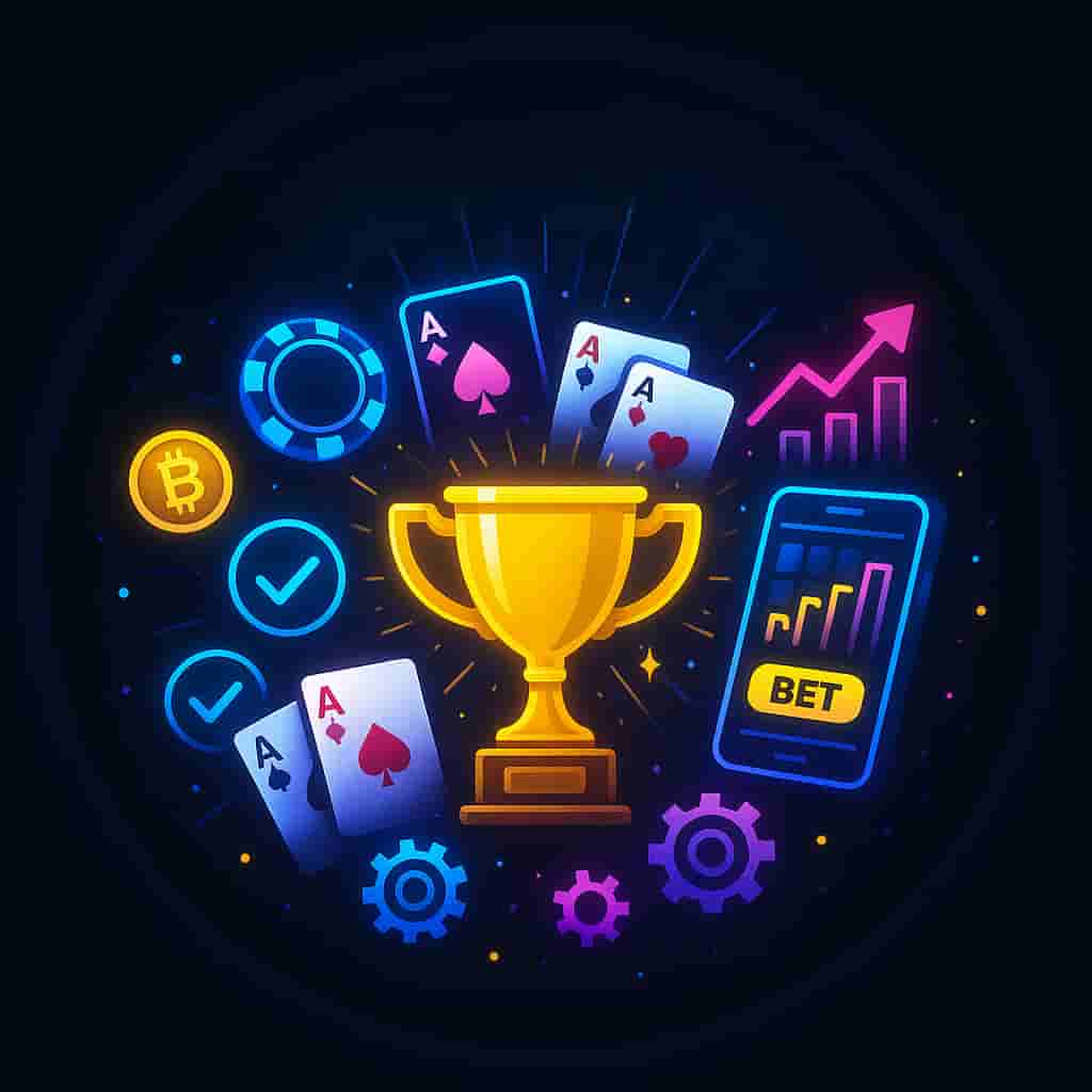 iGaming marketing strategy benefits circular badge with trophy and casino elements