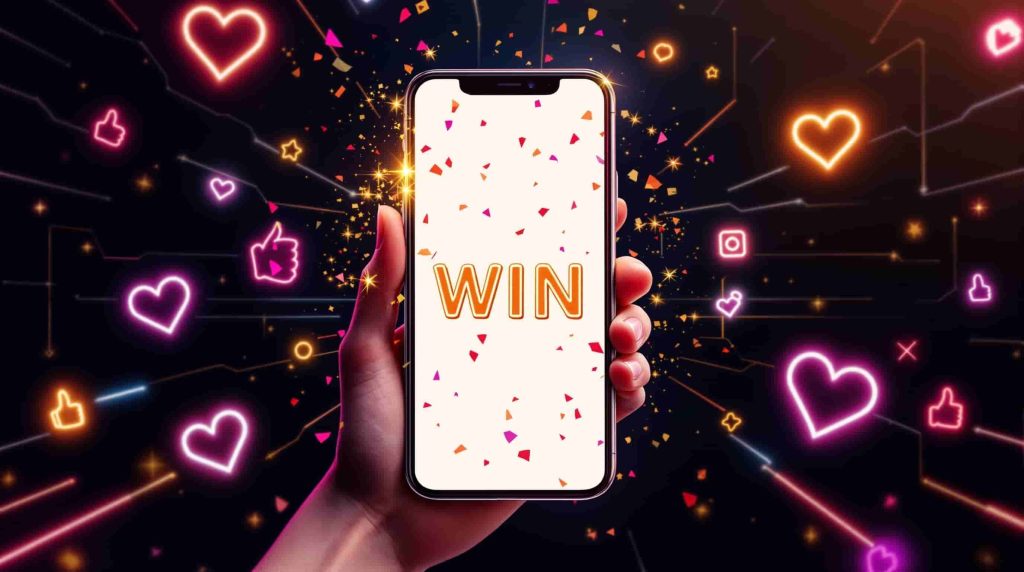 Mobile win sharing concept showing viral social media engagement with neon pink and gold icons for iGaming marketing strategy