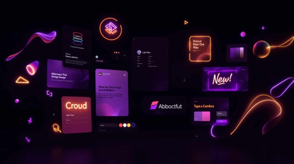 Professional brand identity design concept for social casino branding with purple and gold neon elements representing sweepstakes vs real money casino design strategy