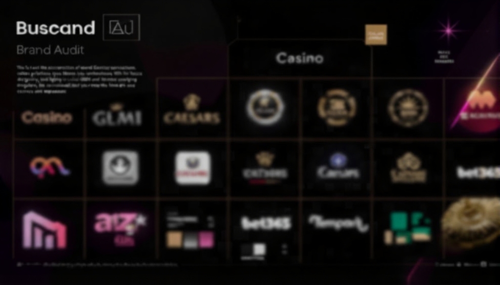 iGaming brand audit calculator tool featuring brand identity assessment elements with famous casino logos and branding guidelines