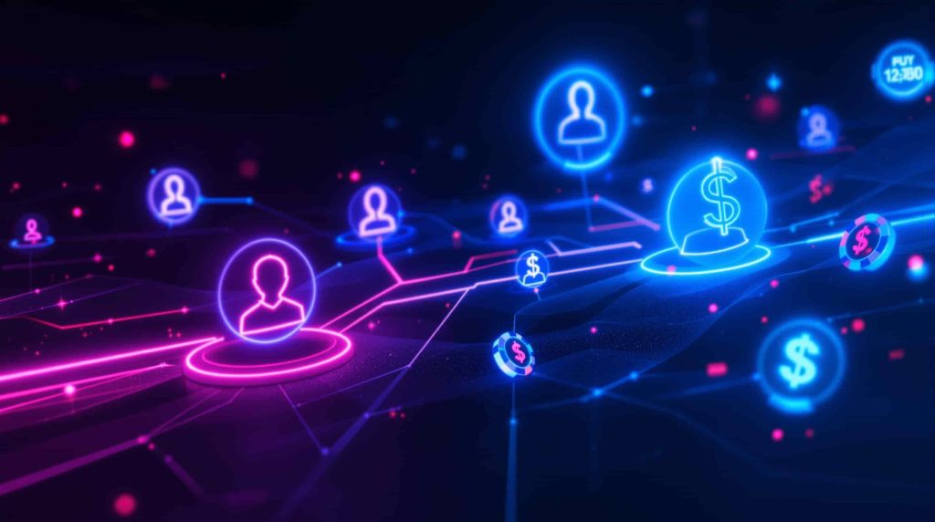 OnlyFans platform marketing ecosystem visualization with signature blue and pink neon lights connecting creator profiles to casino affiliate opportunities on dark background