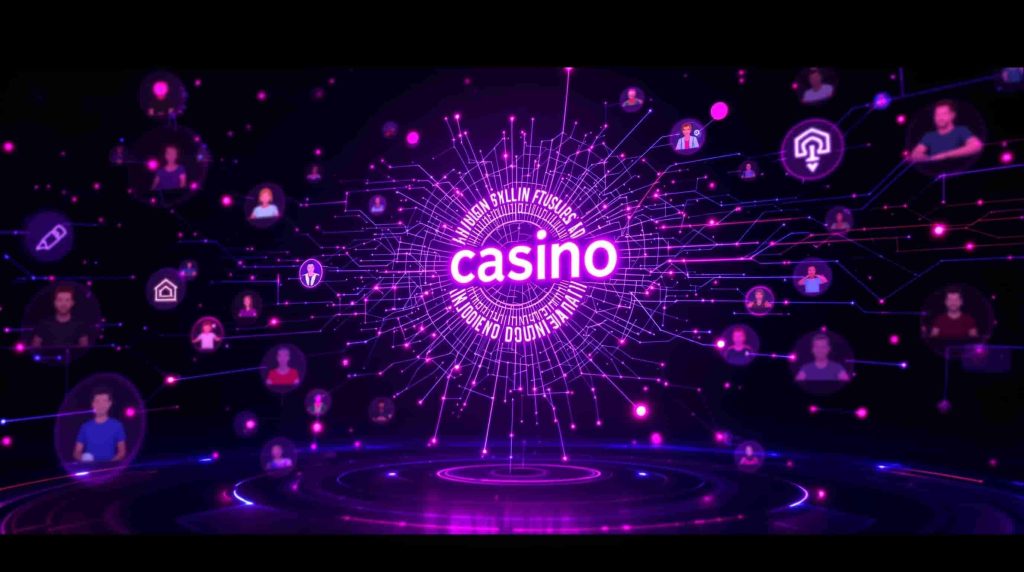 AI-powered brand personalization visualization showing holographic casino brand identity adapting through neural network patterns in purple and neon pink colors on dark background