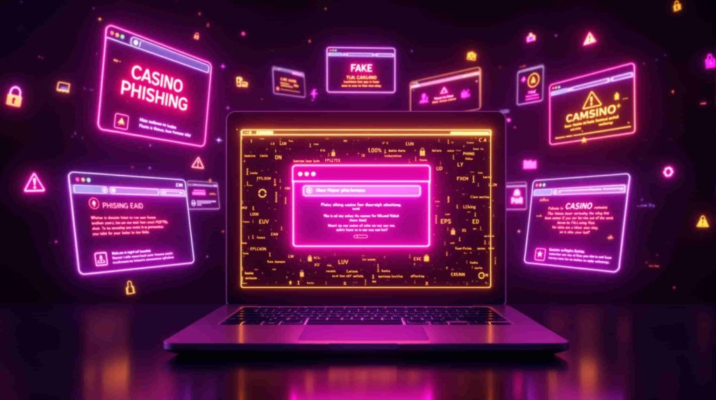 Dark cyberpunk illustration of fake casino website clones with neon pink and gold warning symbols representing phishing sites and brand hijacking in iGaming industry
