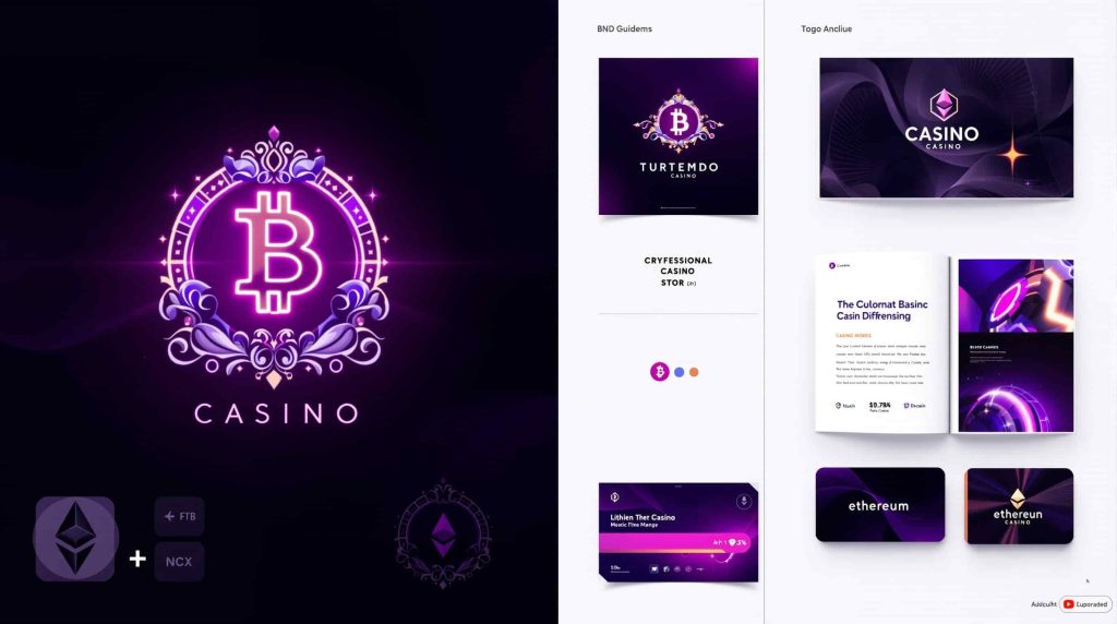 Casino brand identity transformation with cryptocurrency integration showing traditional casino logos evolving with Bitcoin and Ethereum elements in purple and neon pink lighting