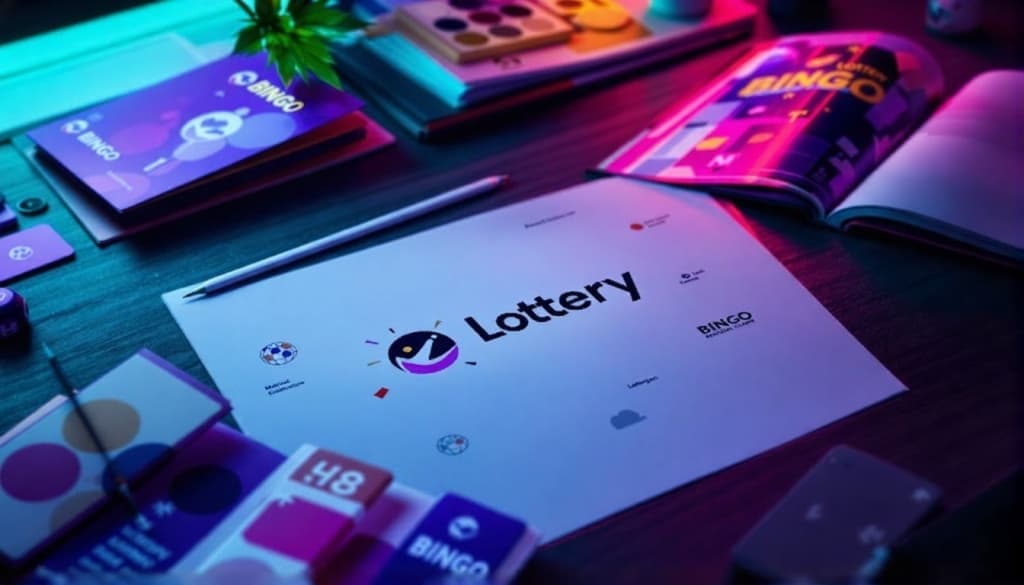 Professional lottery and bingo branding design workspace showing brand identity elements, color swatches, and modern visual design mockups with purple and neon pink tones