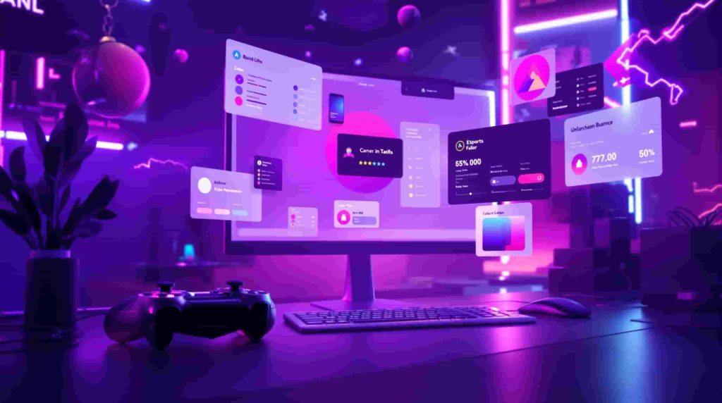 Esports betting brand identity design with gaming aesthetics and professional branding elements including neon purple and cyan color schemes