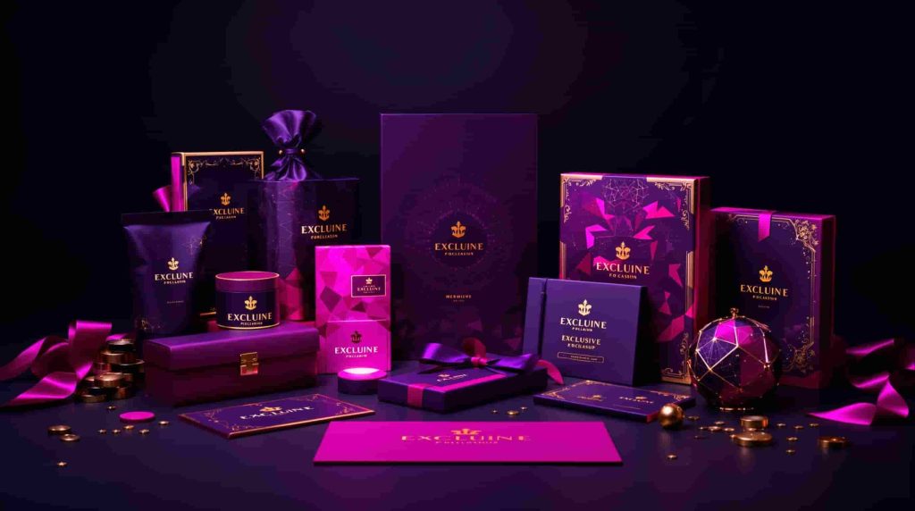 Luxury VIP casino branding with premium brand identity materials featuring purple and gold accents