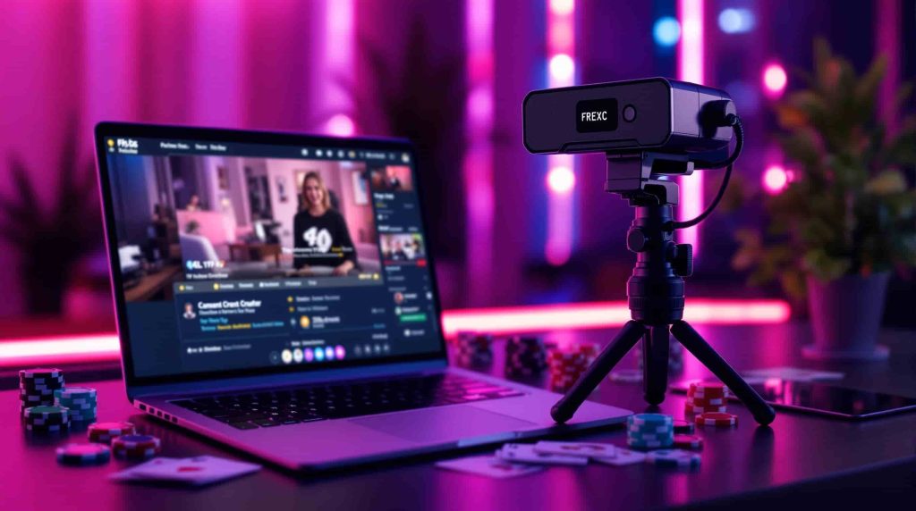 Professional webcam streaming setup with neon lighting, casino elements, and content creation equipment