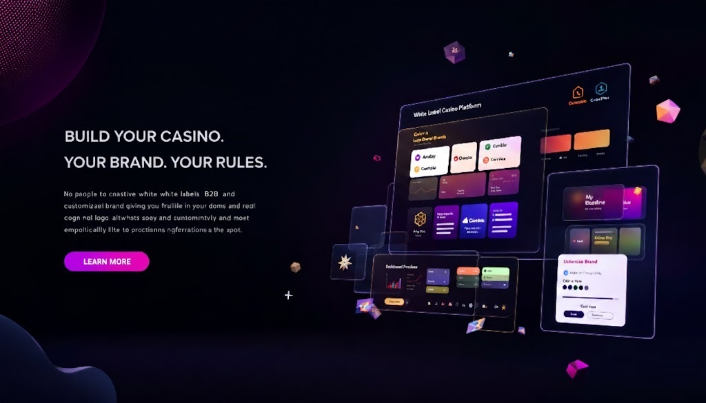 White label casino branding customization concept featuring multiple unique branded interfaces with custom visual identities on digital screens