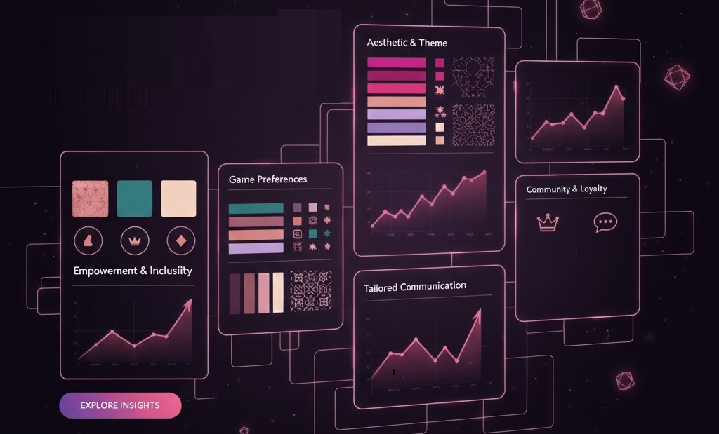 Sophisticated female-friendly casino branding concept featuring elegant purple and gold neon gradients representing modern inclusive gaming brand identity design