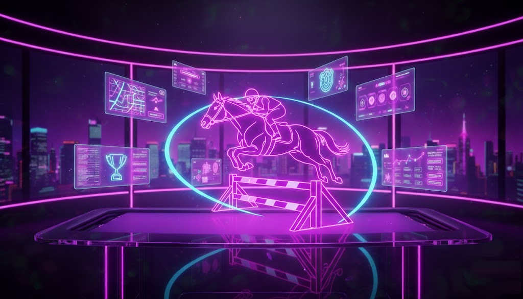 Professional horse racing branding concept showcasing heritage design elements with vintage-inspired horse motifs, brand identity guidelines, and modern purple and neon pink color palette for betting platforms